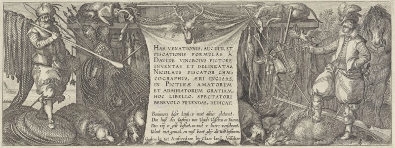 Title print for a series about hunting for birds, fish and mammals, Claes Jansz. Visscher (II), 1612