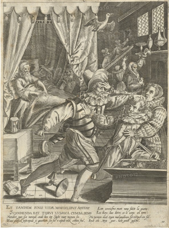 Tenth life phase of hundred years with dying man and fight for his inheritance, Assuerus van Londerseel, Nicolaes de Bruyn, Pieter Goos, 1598-1602