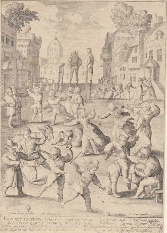 First life phase of ten years, with children playing, Nicolaes de Bruyn, Pieter Goos, 1598 - 1602