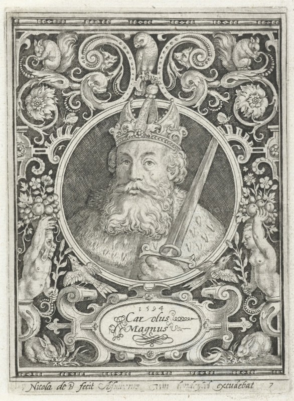 Portrait of Charlemagne in medallion inside rectangular frame with ornaments, Nicolaes de Bruyn, Anonymous, 1594