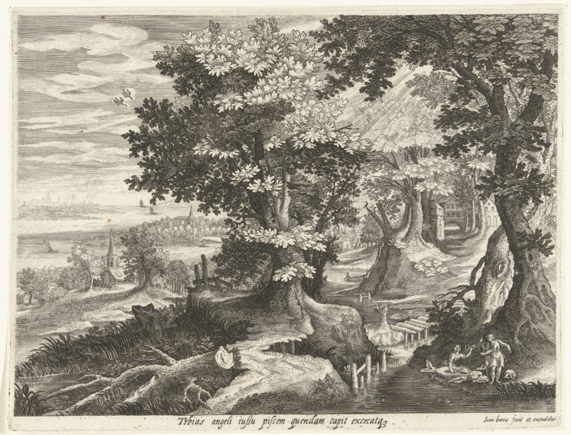 Landscape with Tobias and the Archangel Raphael cleaning fish, Johan Barra, Giovanni Domenico Zapponi, 1591 - 1634