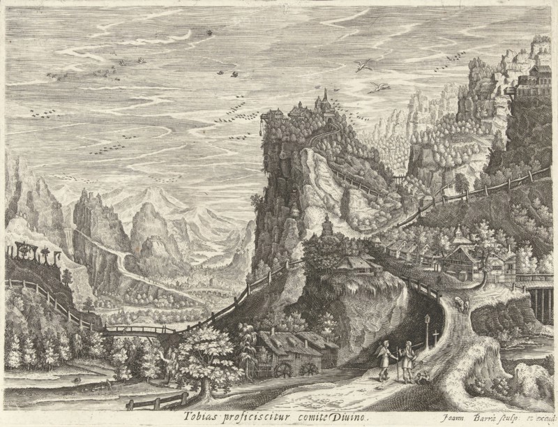 Landscape with Tobias and Archangel Raphael on road, Johan Barra, Giovanni Domenico Zapponi, 1591 - 1634