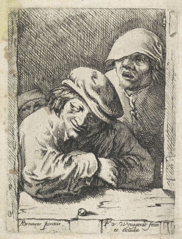 Three farmers at a window, Frans van den Wijngaerde, 1636 - 1679