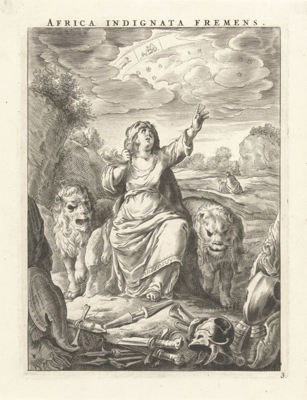 Female personification of the continent of Africa as a woman with lion's skin, sitting between lions, Cornelis van Dalen II, Claes Jansz. Visscher II, 1648-1664