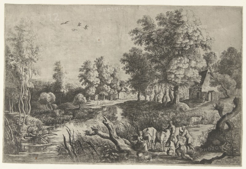 Peasants and cattle by a stream, Lucas van Uden, Peter Paul Rubens, Frans van den Wijngaerde, 1605 - 1673