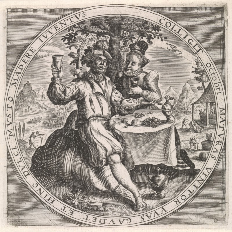 October: couple drinking wine, Anonymous, Crispijn van de Passe (I), Maerten de Vos, 1574 - 1687