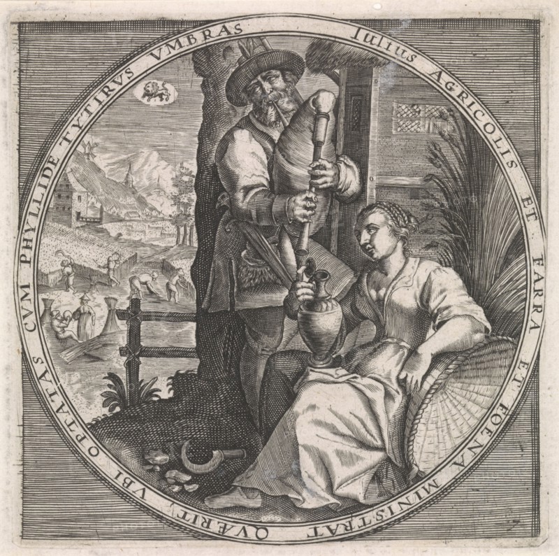 July: piper and woman with jug, Anonymous, Crispijn van de Passe (I), Maerten de Vos, 1574 - 1687