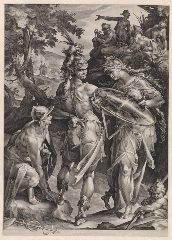 Minerva and Mercury arm Perseus, Jan Harmensz. Muller, Bartholomeus Spranger, 1604