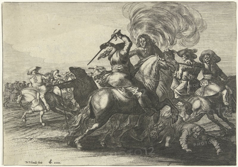Battlefield Scene with riders fighting, Willem van de Lande, Claes Jansz. Visscher (II), 1635 - 1652