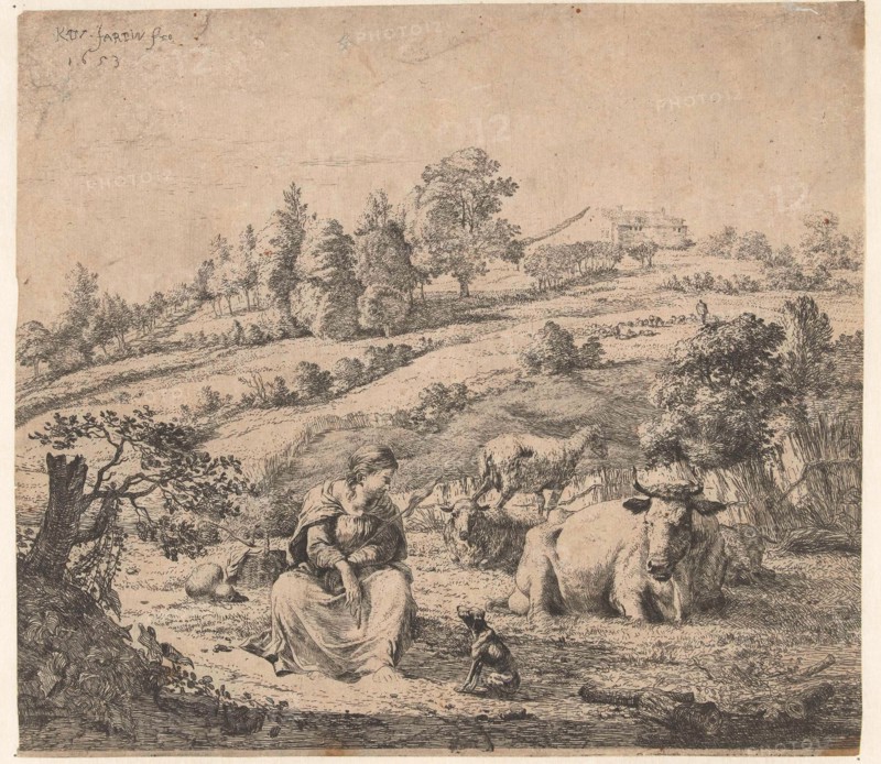 Hill landscape with shepherd dog near a resting flock, print maker: Karel Dujardin, 1653