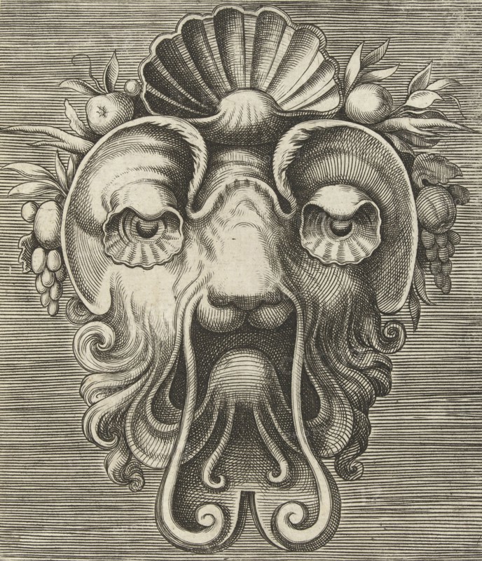 Mask with shell-shaped eyes and a shell between fruit bunches on the forehead, Frans Huys, Cornelis Floris (II), Hans Liefrinck (I), 1555