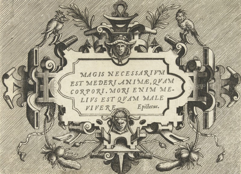 Cartouche with a quote from Epictetus, Frans Huys, Hans Vredeman de Vries, Gerard de Jode, 1555