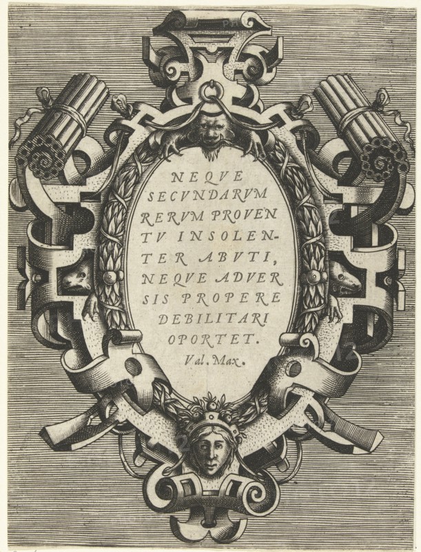 Oval cartouche with a quote from Valerius Maximus, print maker: Frans Huys, Hans Vredeman de Vries, Gerard de Jode, 1555
