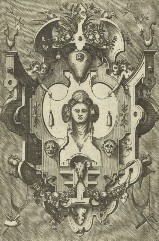 Cartouche with the head of a woman wearing three shells in her hair, print maker: Pieter van der Heyden, Jacob Floris, Hieronymus Cock, 1567