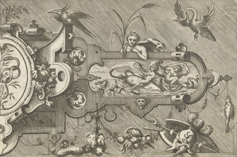 Right Half of a large cartouche, including a snake, print maker: Pieter van der Heyden, Jacob Floris, Hieronymus Cock, 1567