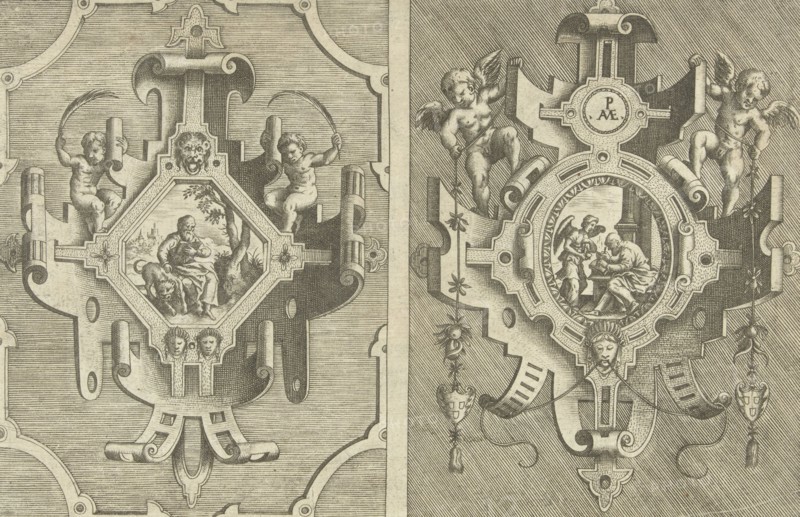 Two cartouches, each depicting an evangelist, Pieter van der Heyden, Jacob Floris, Hieronymus Cock, 1566