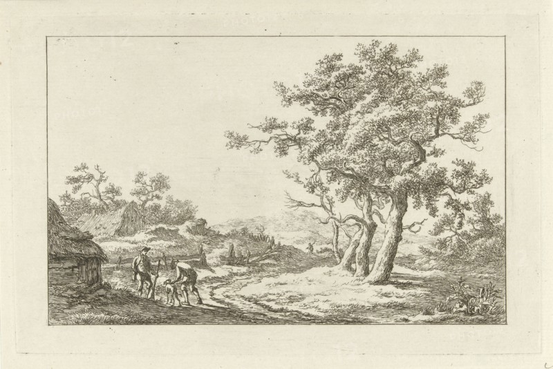 Hunters with a dog on a path, print maker: Carel Lodewijk Hansen, c. 1780 - 1840