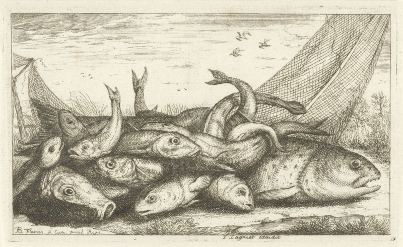 Fishes on the grass, print maker: Albert Flamen, Jacques Lagniet, Lodewijk XIV koning van Frankrijk, 1648 - 1670