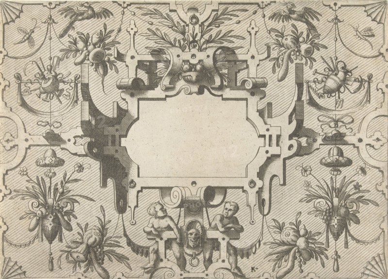 Cartouche surrounded by grotesques, Johannes or Lucas van Doetechum, Hans Vredeman de Vries, Hieronymus Cock, c. 1555 - c. 1560