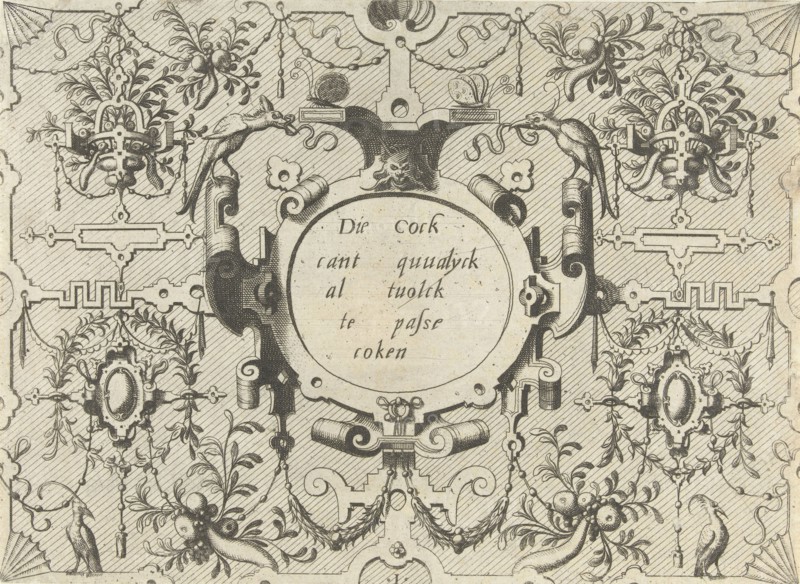 Cartouche surrounded by grotesques, left and right is a bird, Johannes or Lucas van Doetechum, Hans Vredeman de Vries, Hieronymus Cock, c. 1555 - c. 1560