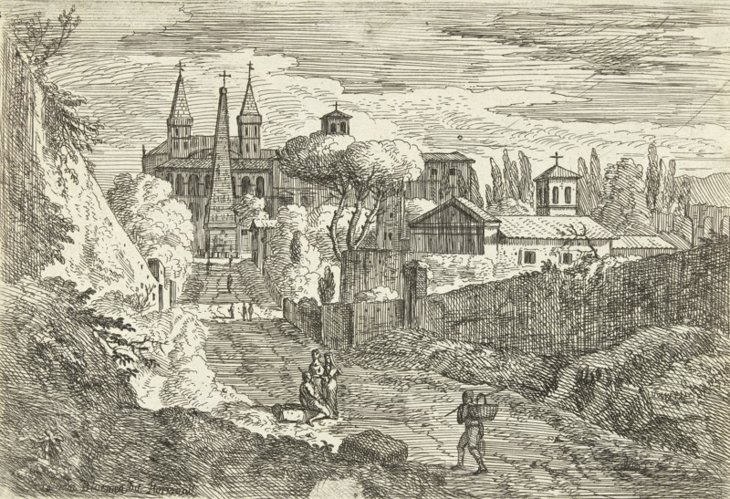 Italianate landscape with travelers on city walls, Jan Frans van Bloemen, 1689 - 1749