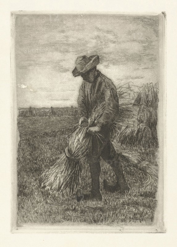 Man binds sheaf on field with corn, Johanna HenriÃ«tte Besier, 1875 - 1944
