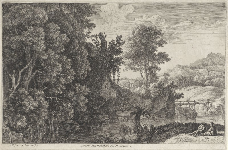 Landscape with a wooden bridge, Herman van Swanevelt, Louis-Joseph Mondhare, 1759 - 1784