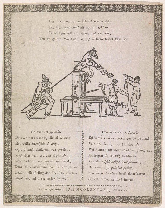 Cartoon of Van Ray, superintendent of the bookstore during the French administration in 1813, Anonymous, H. Moolenijzer Jr., 1813
