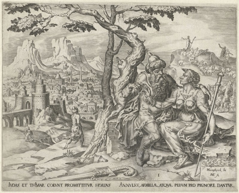 Juda geeft Tamar zijn zegelring. Harmen Jansz Muller, 1564 - 1568, print maker: Harmen Jansz Muller, Maarten van Heemskerck, 1564 - 1568