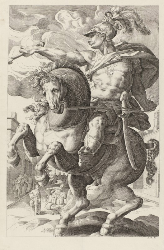 Marcus Curtius on horseback, print maker: Herman DaniÃ«l van Perls, Hendrick Goltzius, 1826 - 1830