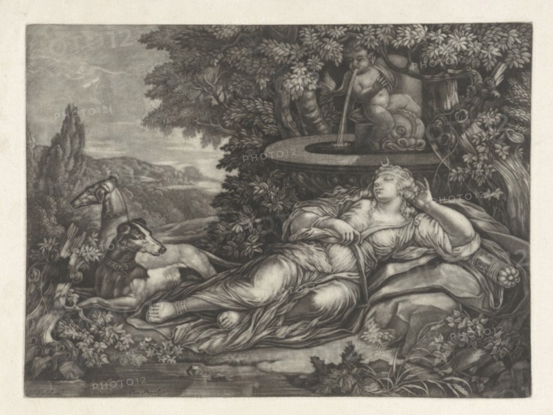 Dormant Diana, print maker: Anonymous, Gerard Valck, Anonymous, 1662 - 1726