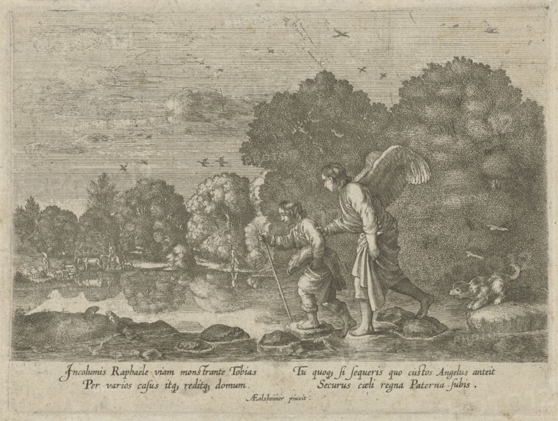 Tobias and the Angel in a river, Hendrick Goudt, Anonymous, 1608 - 1698
