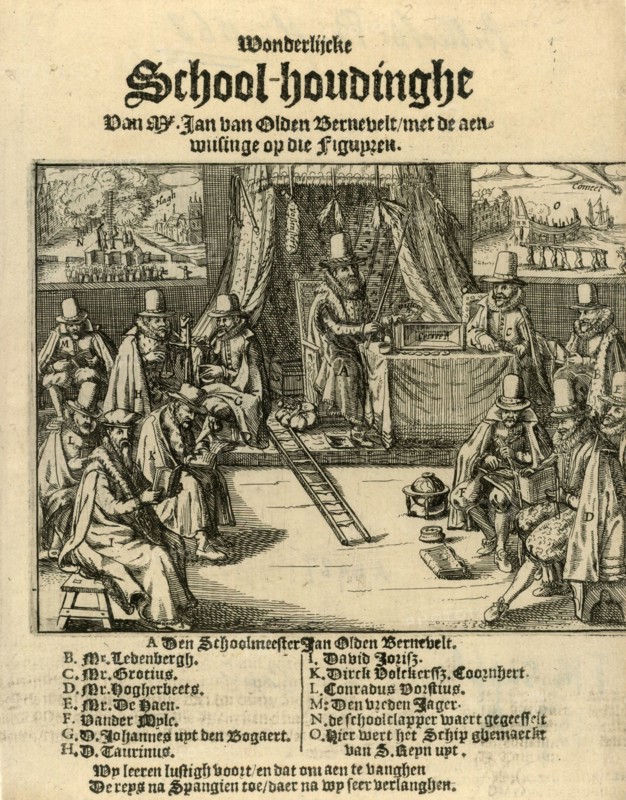 Title print of the pamphlet in 1618, entitled Wonderlijcke School houdinghe Mr. Jan van Oldenbarevelt, Anonymous, 1618