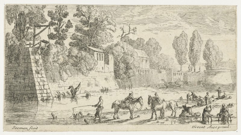 Women do laundry at a canal, Anonymous, Pierre Drevet, 1650 - 1738