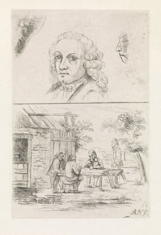 Man's Head and peasants, print maker: Anna Cécile Wilhelmina Jeanette Jacqueline Nahuys, Teniers possibly, 1841 - 1905