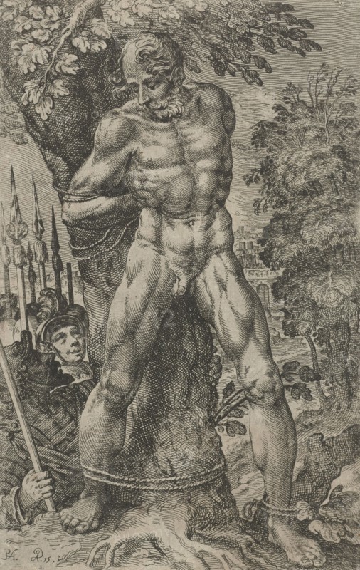 Achior tied to a tree, Pieter Feddes van Harlingen, 1615