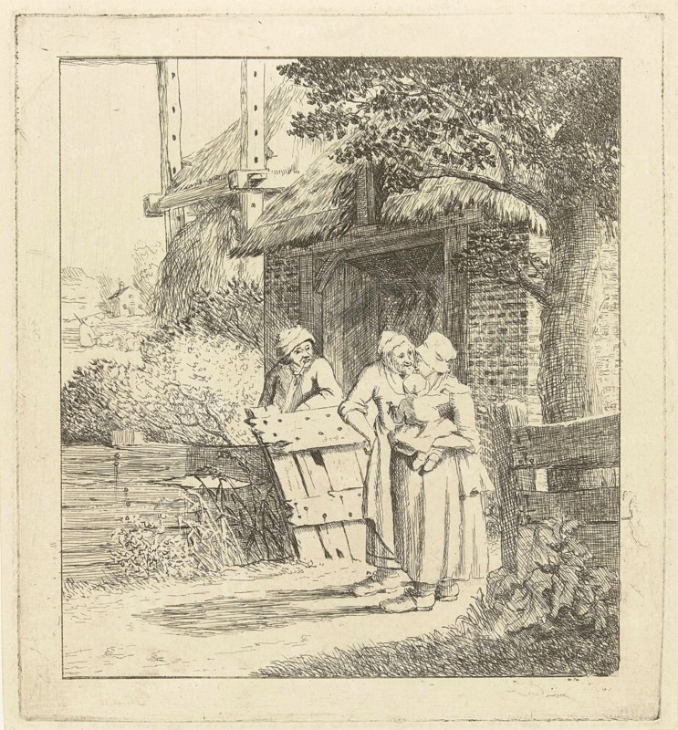 Two women and a man on a farm, print maker: Marie Lambertine Coclers, 1776 - 1815