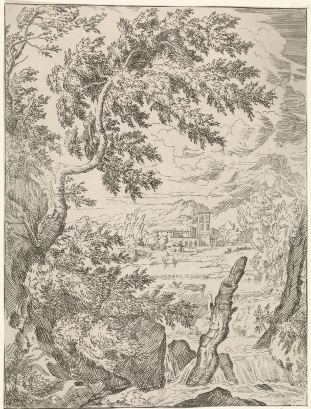 Waterfall with stump, Abraham Genoels, Anonymous, 1650 - 1773