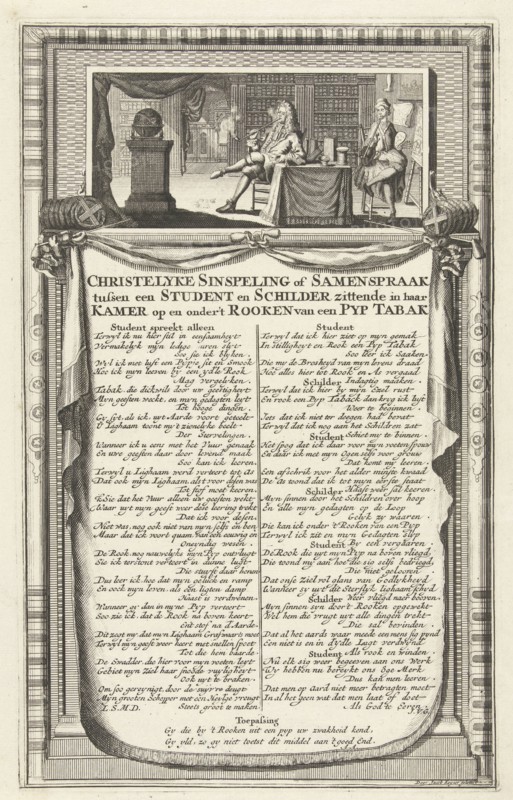 Dialogue between a student and a painter about smoking a pipe, 1700, print maker: Anonymous, print maker: Jacob Keyser attributed to workshop of, Ludolph Smids, 1690 - 1710