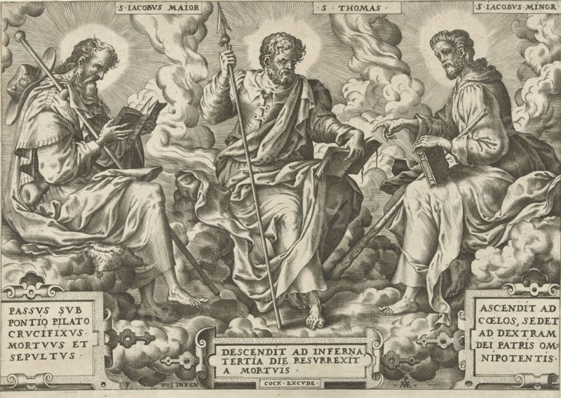 Three Apostles James the Greater, Thomas and James the Less, print maker: Pieter van der Heyden, Peter de Vos II, Hieronymus Cock, 1568