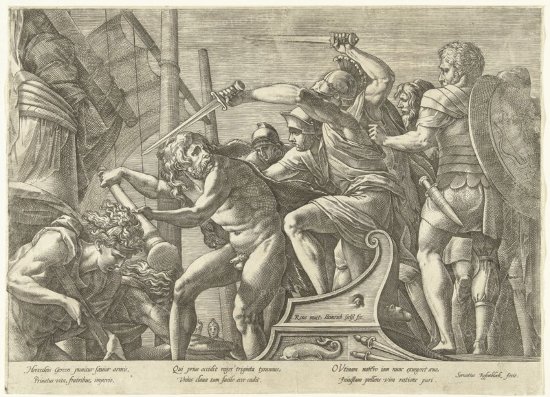 Hercules fights with Geryoneus (?), print maker: Hendrick Goltzius, Francesco Primaticcio, Servatius Rosenbleck, 1575 - 1579