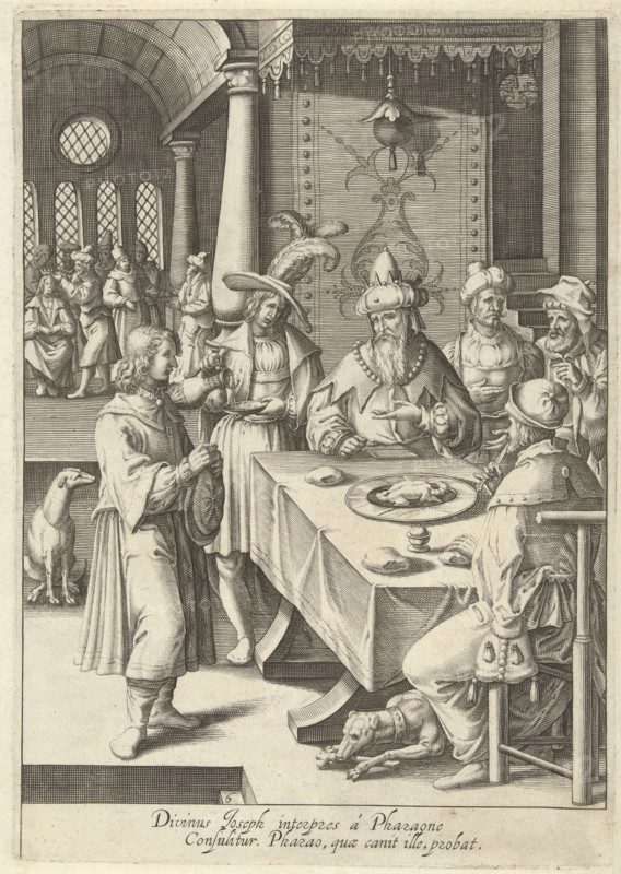Joseph interprets the dreams of Pharaoh, print maker: Robert de Baudous, Lucas van Leyden, 1591 - 1659