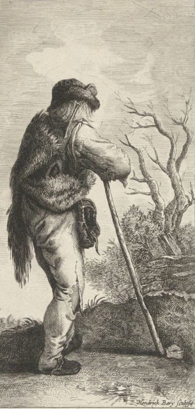 Man leaning on a stick, print maker: Hendrik Bary, 1657 - 1679