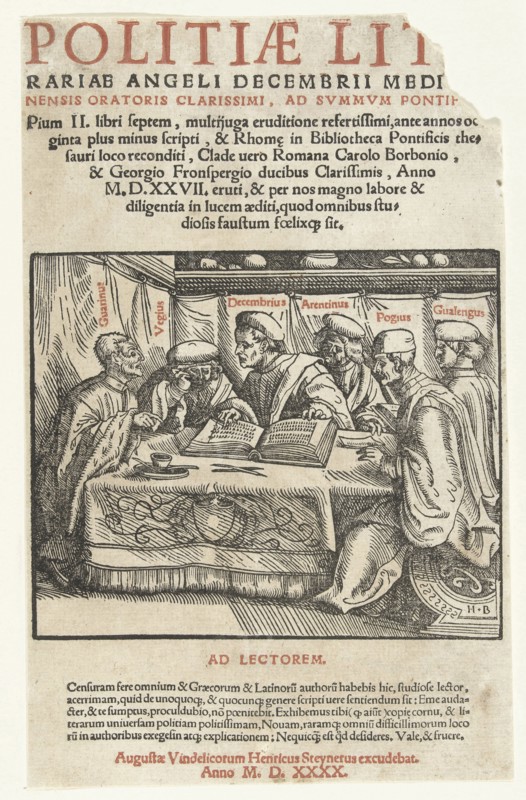 Title print six scholars sitting around a table and text in letterpress, Hans Burgkmair (der Ã„ltere), Heinrich Steiner, 1483 - 1519