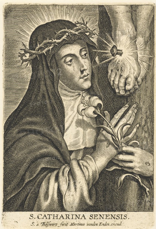 Saint Catherine of Siena with stigmata at crucifix. Schelte Adamsz. Bolswert, Peter Paul Rubens, Martinus van den Enden, 1596 - 1659