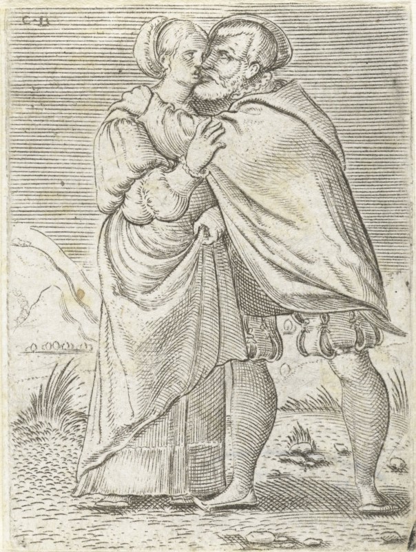 Dancing couple kissing each other, print maker: Cornelis Bos, Anonymous, c. 1537 - c. 1555 and/or 1546 - 1548