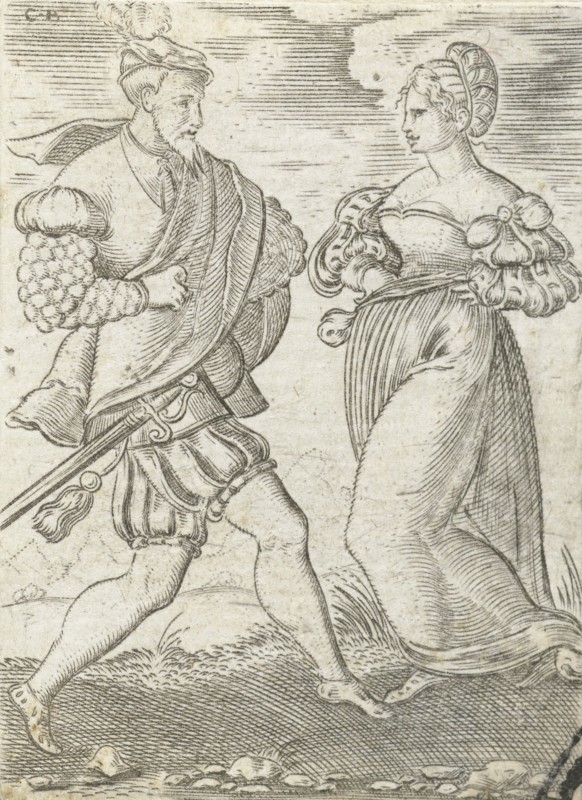 Dancing couple, the woman with hands on her hips, Cornelis Bos, Anonymous, c. 1537 - c. 1555