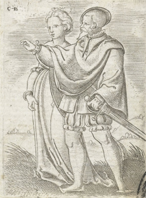 Dancing couple, walking left, Cornelis Bos, Anonymous, c. 1537 - c. 1555
