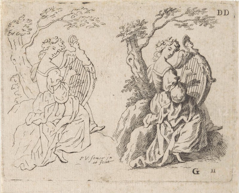 Study Journal Harp playing woman, Paul van Somer (II), 1670 - 1697