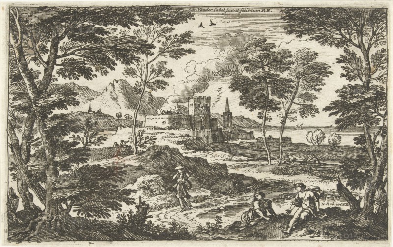 Landscape with pedestrians and castle, Adriaen van der Kabel, 1648 - 1705